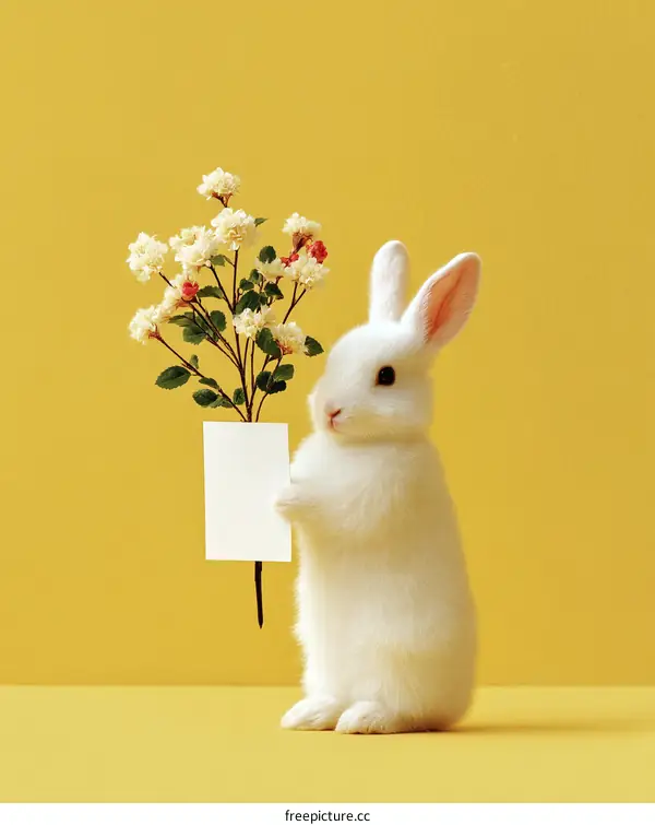Cute White Rabbit Holding a Blank Card with Flowers