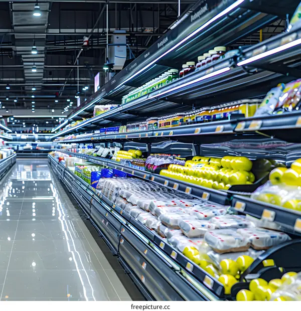 Supermarket Aisle with Fresh Produce and Food Items