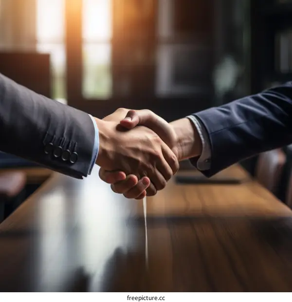 Businessmen in suits shaking hands over a wooden table with blurred background