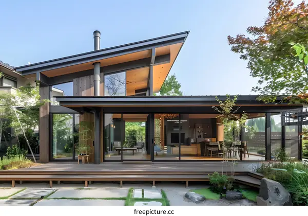 Modern Japanese Style House With Wooden Deck And Glass Doors