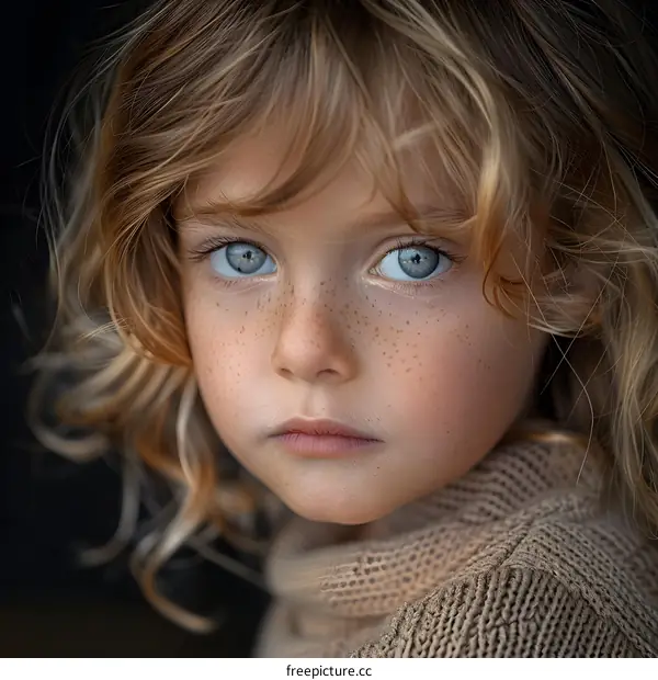 Portrait of a young girl with freckles and blue eyes
