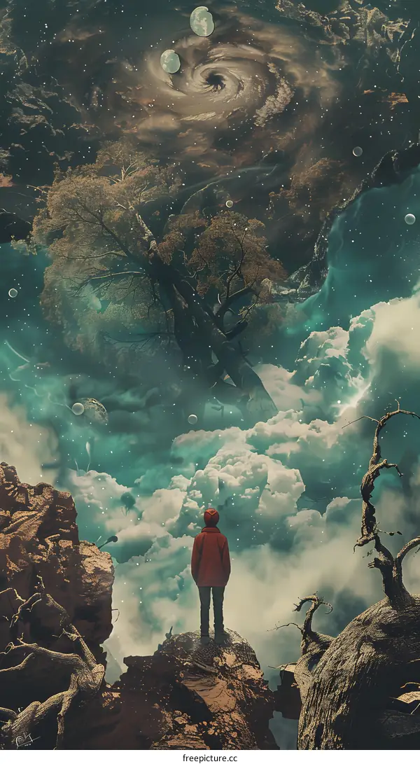 Surreal Artwork of Person Looking Up at Sky with Galaxy and Trees