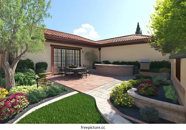 Backyard Patio Design with Stone Wall and Outdoor Kitchen