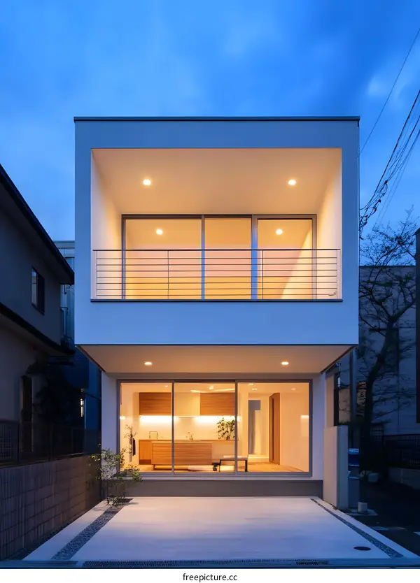 Modern Two Story House with Balcony and Large Windows at Night