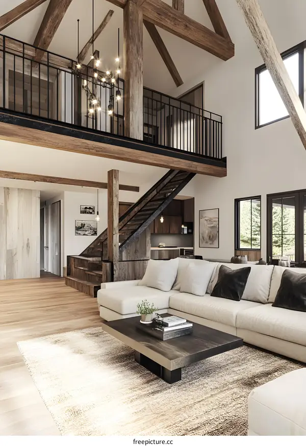 Modern Farmhouse Living Room with Wooden Beams and a Loft