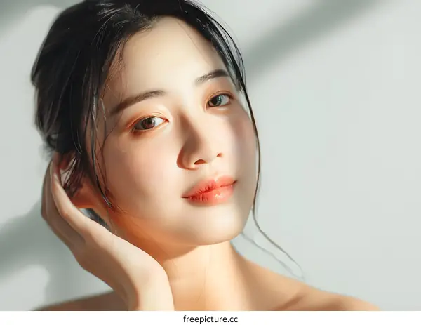 Beautiful Asian Woman with Soft Skin and Natural Makeup in Sunlight