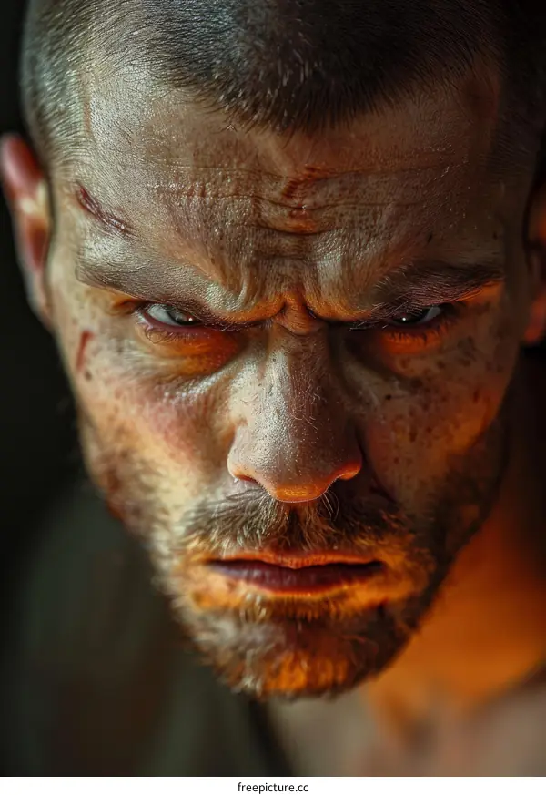 Close-up Portrait of a Man with Scars and Angry Expression