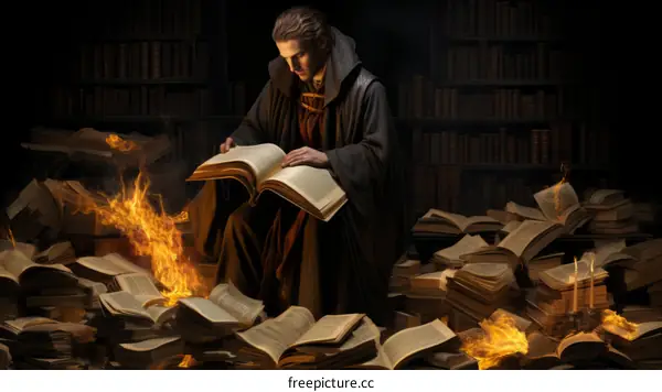 Young wizard reading a book in a library surrounded by flames