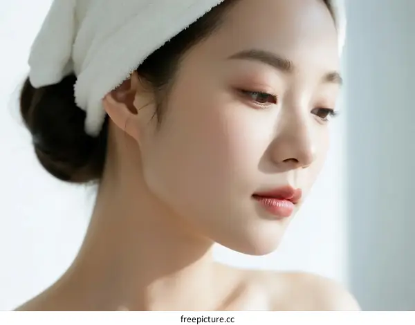 A Young Asian Woman with Towel on Head After Skincare