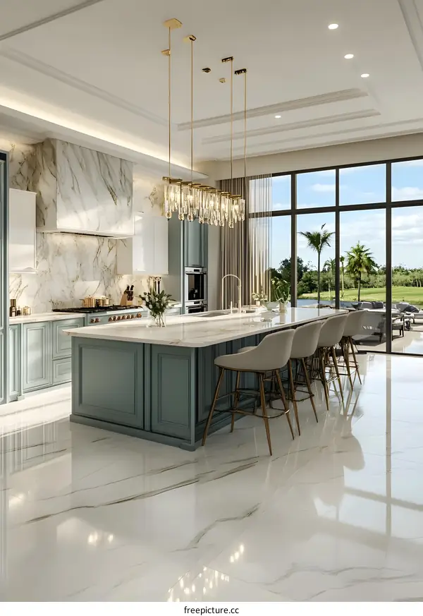 Modern Kitchen Interior Design With Marble Backsplash And Island