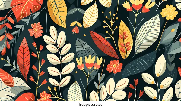 Colorful Seamless Pattern with Leaves and Flowers