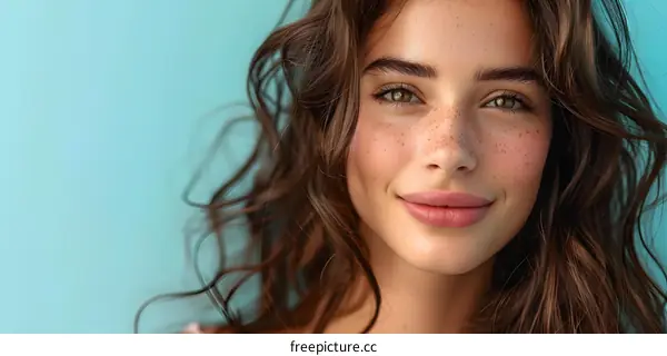 Woman with Freckles and Brown Hair Smiles at Camera