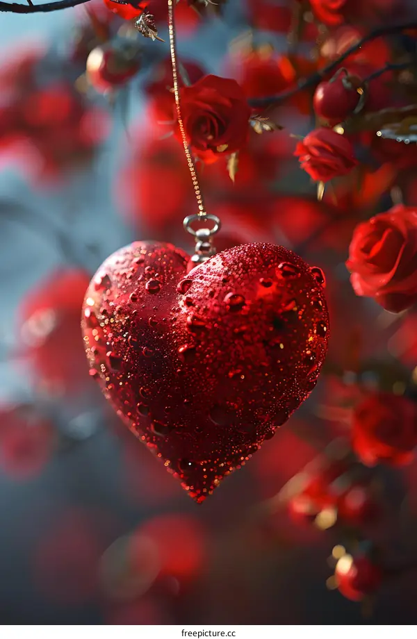 A glistening red heart-shaped ornament hangs among roses.