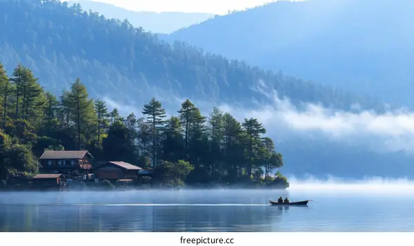 Misty Morning on the Mountain Lake with Fishing Boat