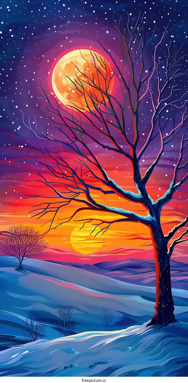 Winter Landscape With Tree, Sunset and Two Moons