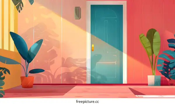 Modern Colorful Illustration Of Doorway With Plants And Sunlight