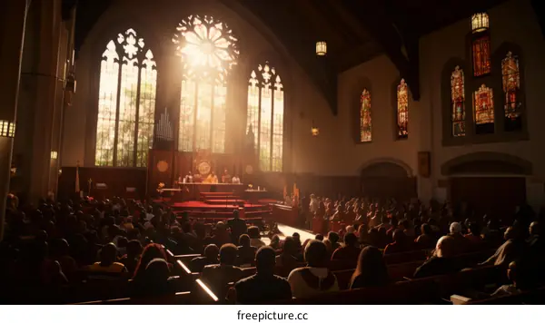 Church⛪with stained glass windows and a large crowd of people sitting in pews listening to a sermon