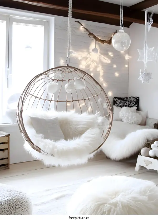 White Room With Hanging Chair And Fuzzy Rug