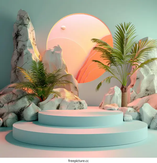 3D rendering of a rocky landscape with palm trees and a circular portal