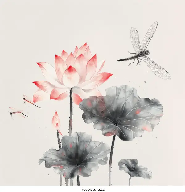 A painting of a pink lotus flower with grey leaves and dragonflies