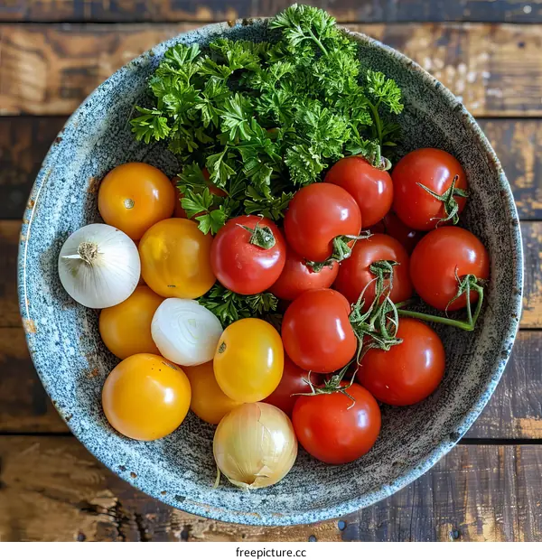 Fresh Tomatoes, Onions, and Parsley in a Bowl