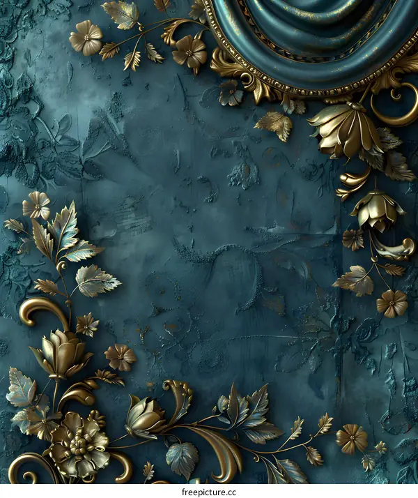 Golden relief floral decoration with turquoise background