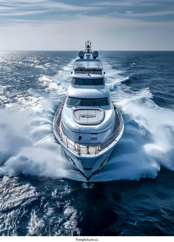 A white luxury yacht cruises through the ocean waves