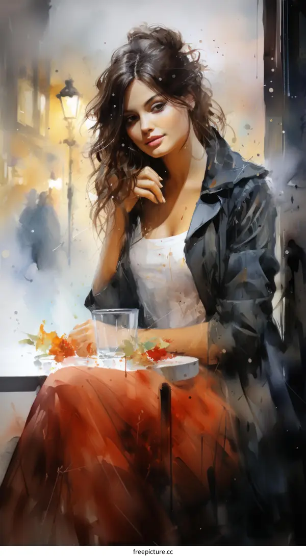 An artwork of a beautiful woman sitting in a restaurant