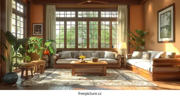 Living room with large windows and wooden furniture