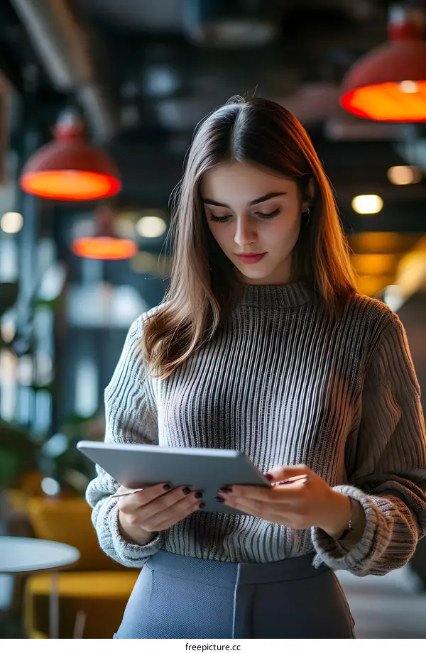 Young Woman Using Tablet in Modern Cafe