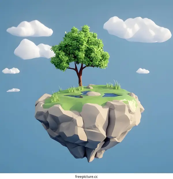 Low Poly Floating Island with Tree and Clouds