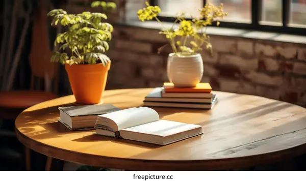Open Book on a Table with Sunlight and a Potted Plant