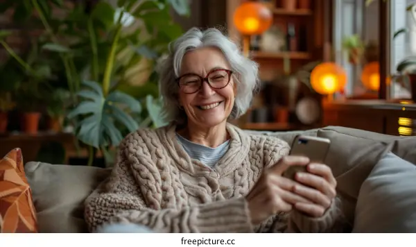 Smiling senior woman using smartphone at home