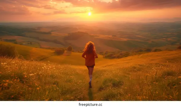Young woman running through a field of flowers at sunset