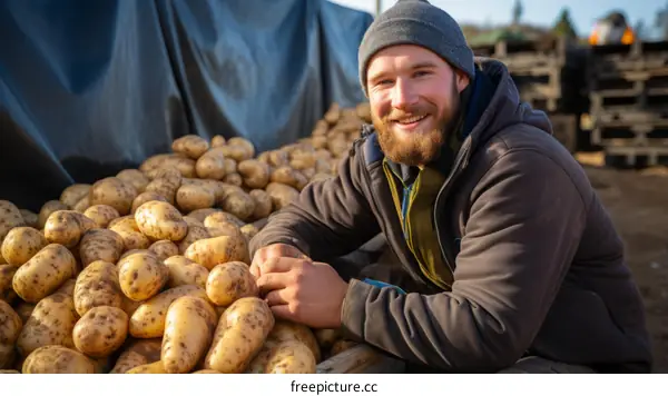 A smiling farmer sits on a pile of potatoes