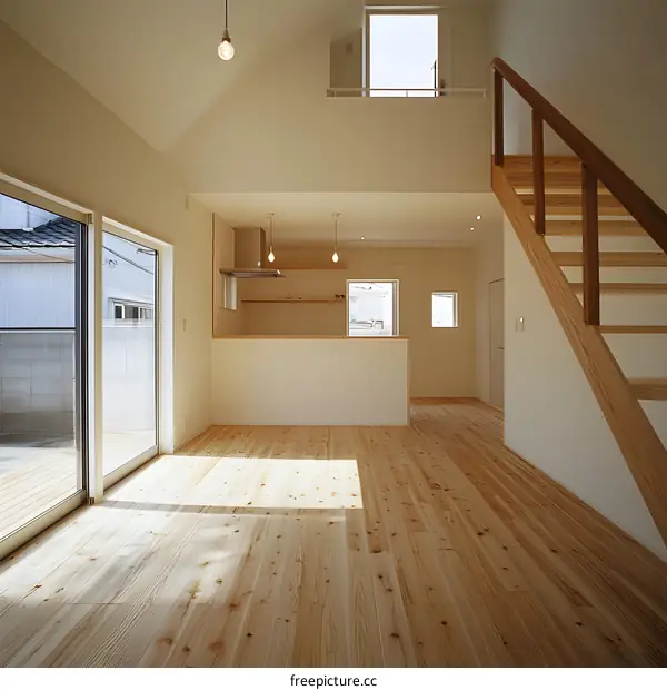 Modern Minimalist Open Concept Living Room with Wood Floor and Staircase