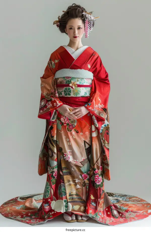 A Japanese woman wearing a red kimono with white and gold accents and an elaborate hairpiece