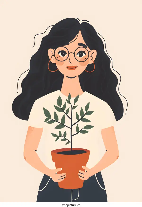Woman with Glasses Holding a Plant in a Pot