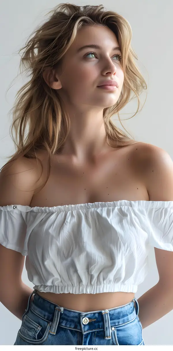 Young Woman in a White Crop Top and Jeans