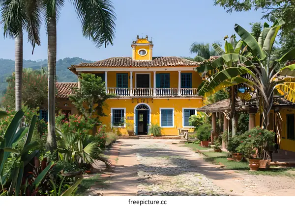 Yellow Colonial House in Tropical Garden