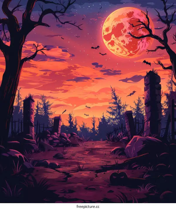 Spooky Graveyard At Night With Large Red Moon
