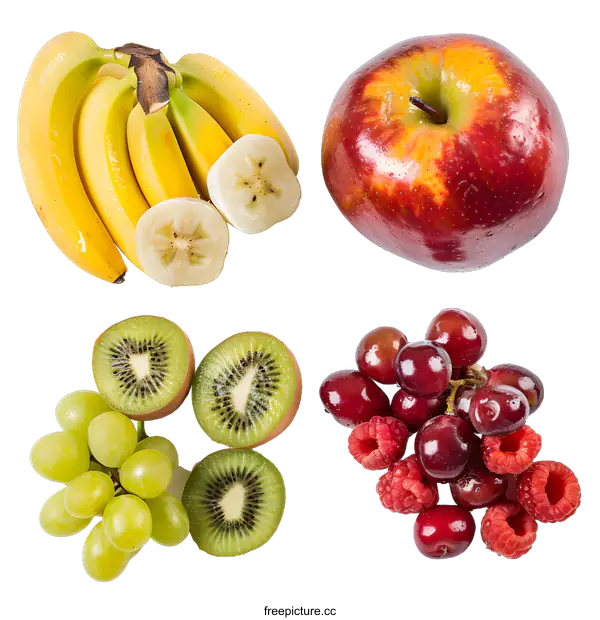[Transparent Background PNG]Fresh Fruit Collage: Banana, Apple, Kiwi, Grapes, and Raspberries