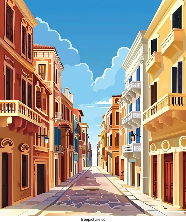 Illustration of a narrow street with colorful buildings