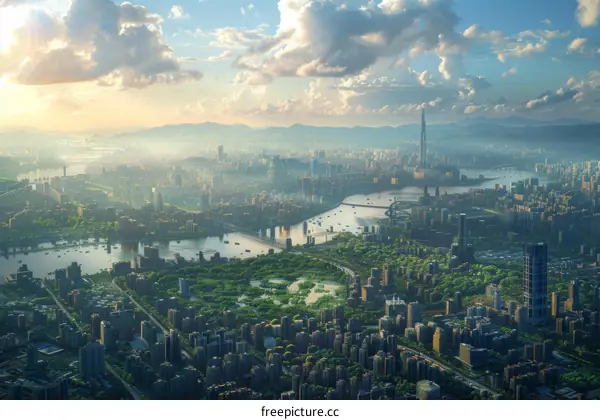 Aerial View of Modern City Skyline with River and Parks