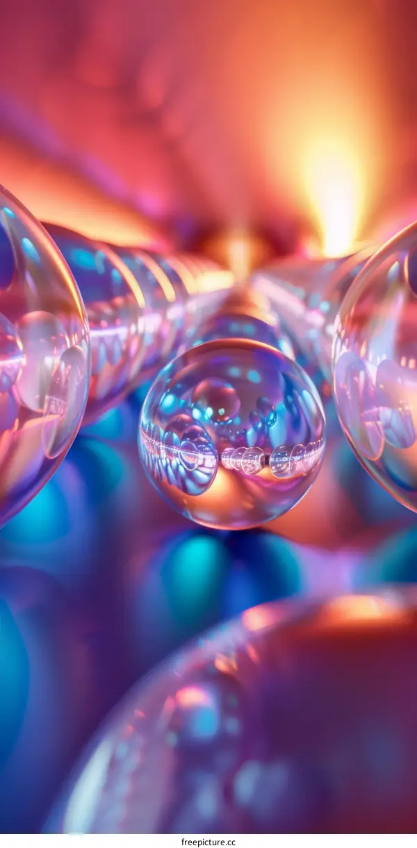Pink and blue glass balls with light reflections