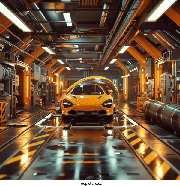 The yellow sports car of the future is in the garage