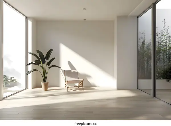 Minimalist Living Room Interior Design with Wooden Chair and Green Plant