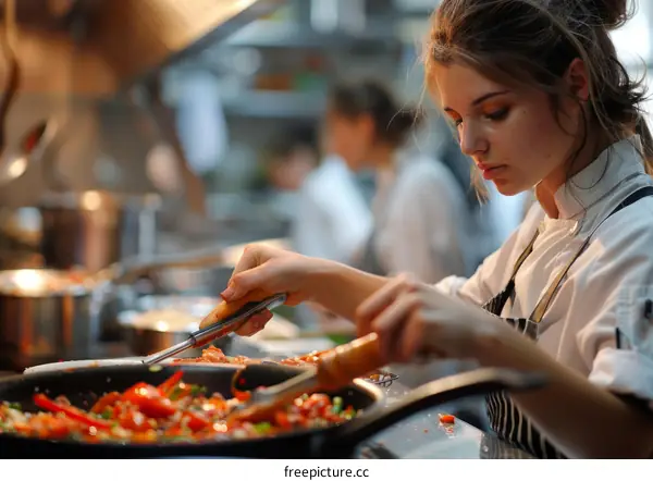 Young Female Chef Preparing Food in a Commercial Kitchen