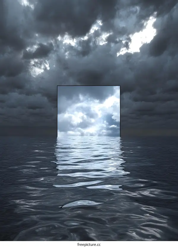 Dark Clouds Over Ocean with Light Shining Through Square