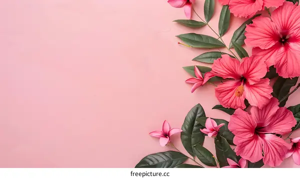 Pink Flowers and Green Leaves on a Pastel Pink Background